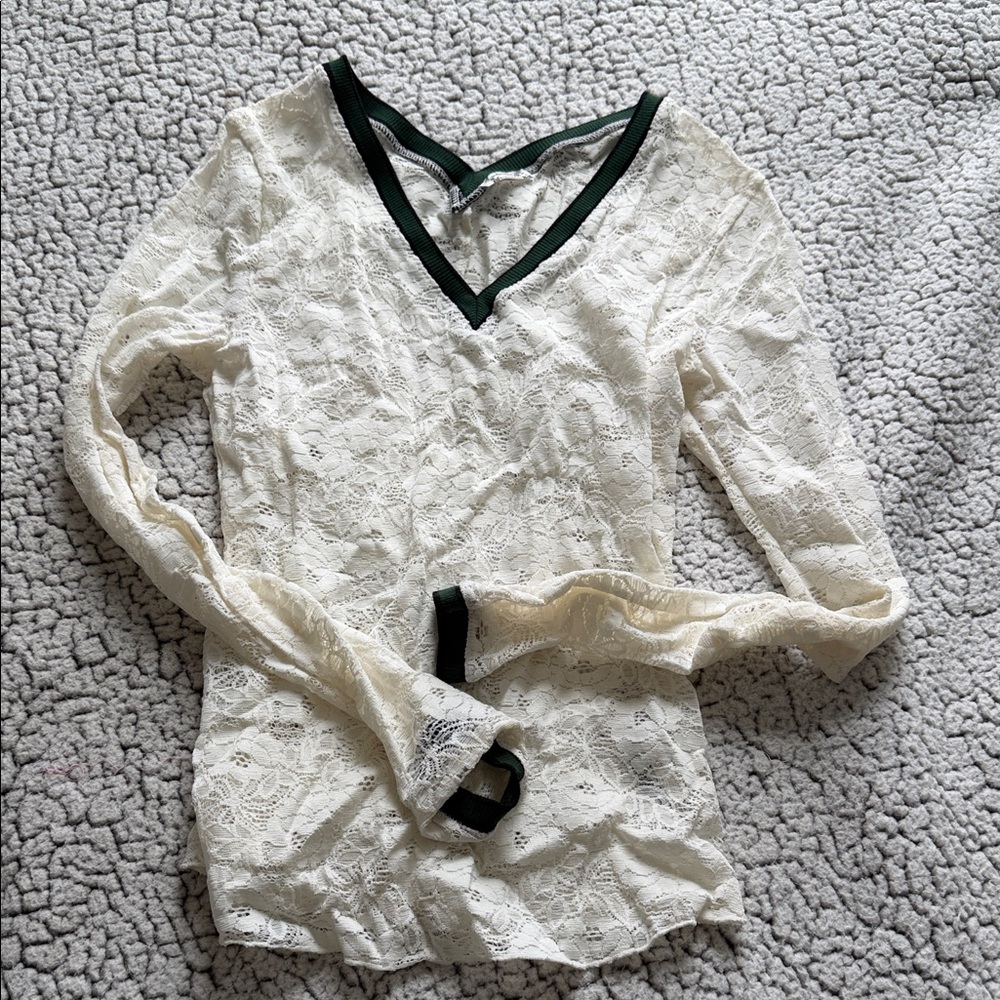 Free People Lace V-Neck Blouse - Cream and green